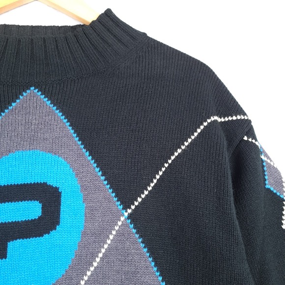 Vintage Y2K Paco Sweater Mens XL Black Blue Argyle Big Logo Mock Neck Pullover - Picture 4 of 16